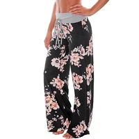 women loose pants lounge trousers floral print casual stretch waist drawstring high waist long pants home pajamas pants