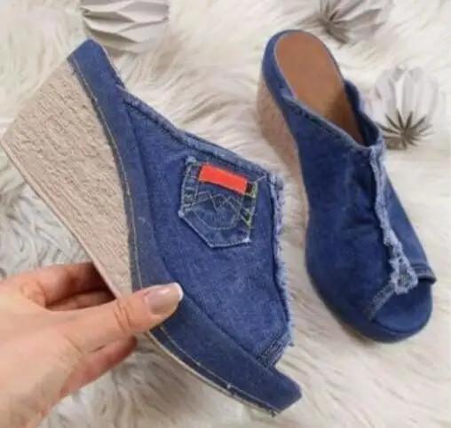 

Сандалии женские на танкетке, удобные босоножки из денима на танкетке, без застежки, обувь на высоком каблуке, лето