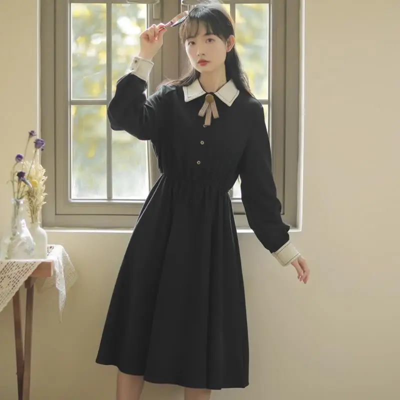 Элегантное платье для студентов средней длины с длинными рукавами в Корейском