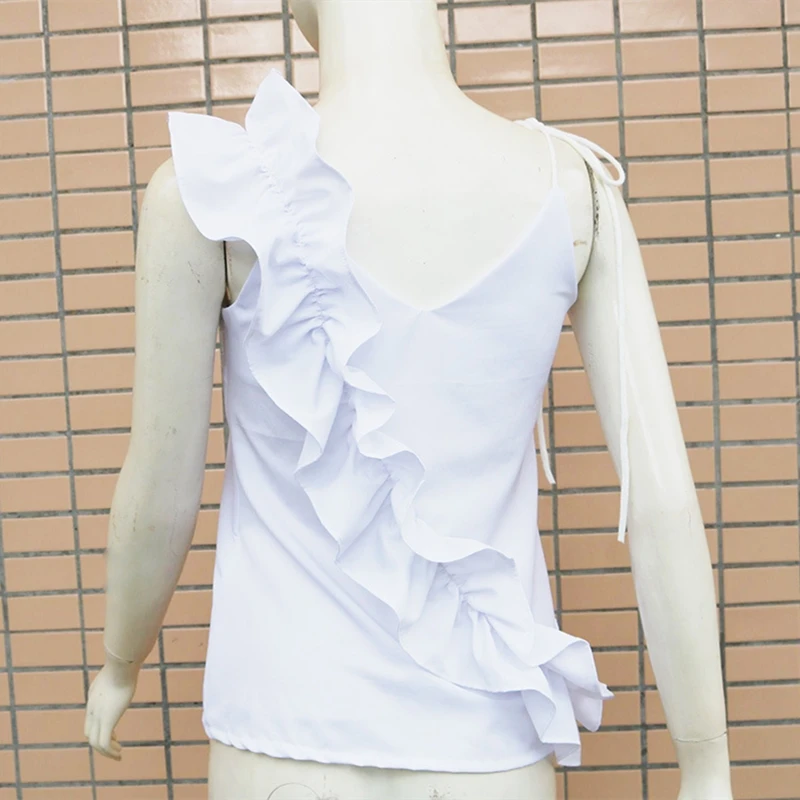 

Sleeveless Top V Neck Blouse With Ruffles 2021 Ladies Fashion Clothes Summer Style White Shirt Elegant Mori Girl Blusas Feminina