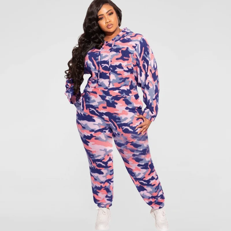 

Big Beautiful Women Streetwear Set Casual Hoodies+Pants Suit Female 2PCS Outfits Camouflage Women Plus Size Two Piece Sets