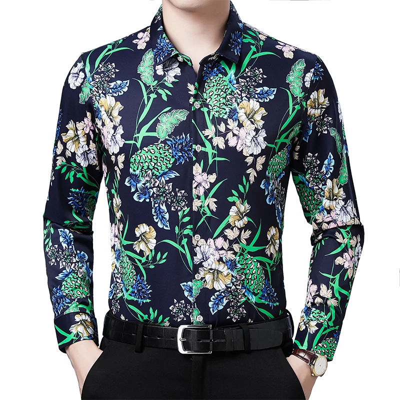 

Мужская Повседневная рубашка с цветочным принтом, с длинным рукавом и отложным воротником
