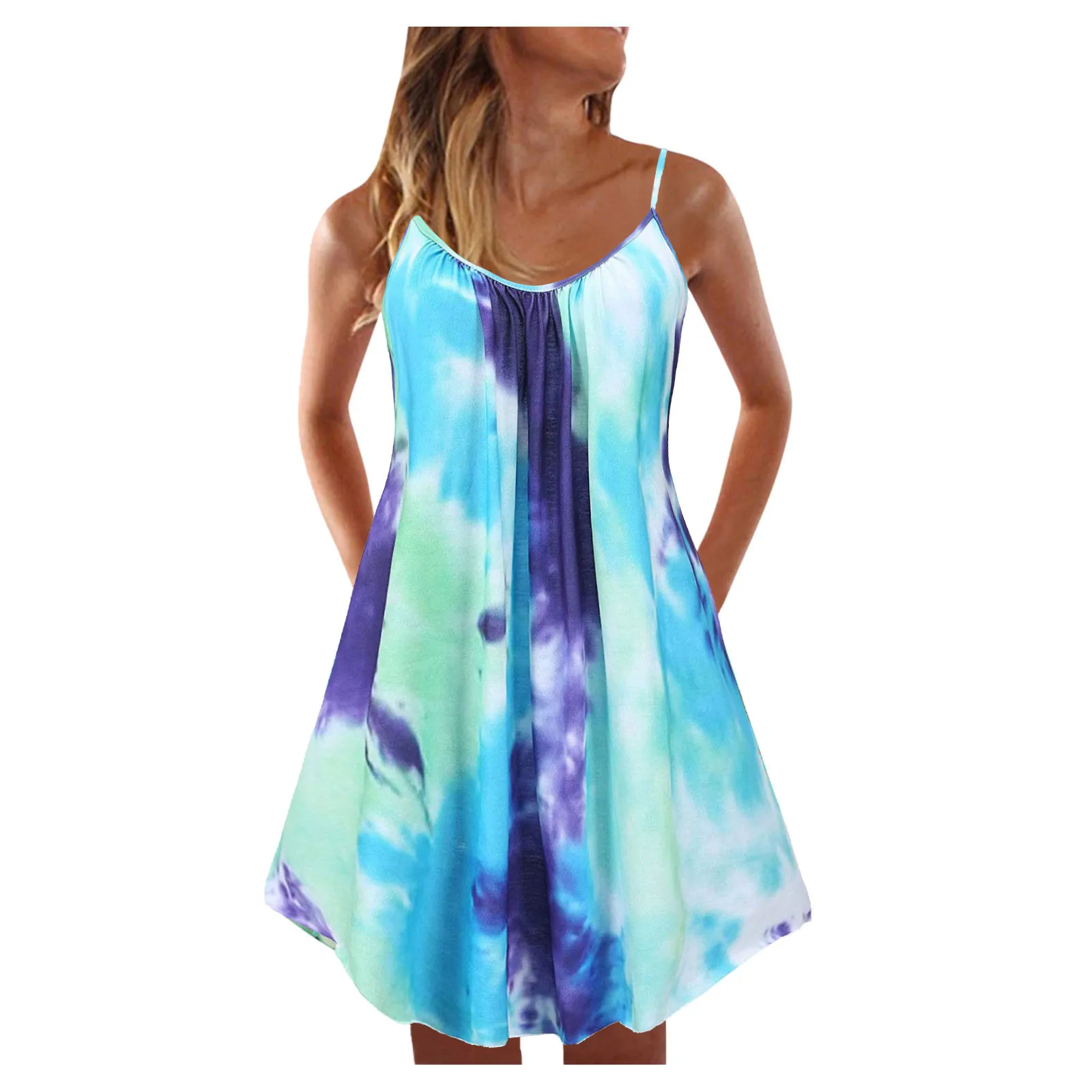 

66# 2021 Women Dresses Multicolor Sexy Tie-dye Print Beach Dresses Casual Summer Dress Striped Tank Dresses Women Vestido Платье