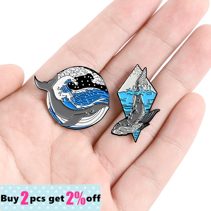 Wholesale Ocean Grey Whale Pins Blue Sea Raging Waves Enamel Badge Collar Brooch Lapel Pin Backpack Jewelry Gift for Friend | Украшения и