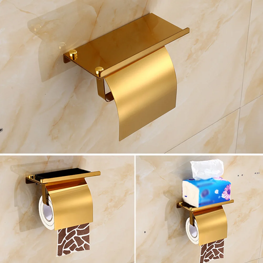 

Kitchen Wall-mounted Mobile Phone Toilet Paper Holder Stainless Steel With Shelf Universal Multifunctional Dustproof Tissue Rack
