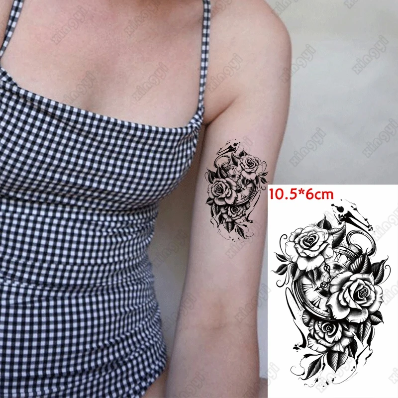 

Водостойкая Временная тату-наклейка в старинном стиле, черная роза, для девушек, тату боди-арт, переводная картинка на руку, для мужчин и жен...