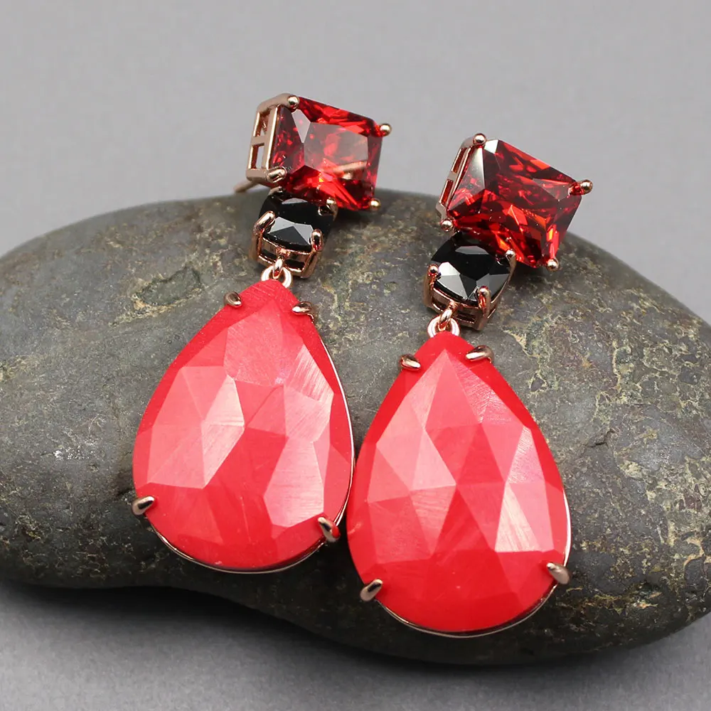 Red Jade Red Colorful Crystal Aventurine Rose Gold Color Bezel Set Real Stone Dangle Earrings For Women