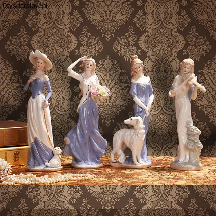 

European Ceramic Beauty Figurine Home Desktop Furnishing Crafts Decoration Western Lady Girls Porcelain Handicraft Ornament Wed
