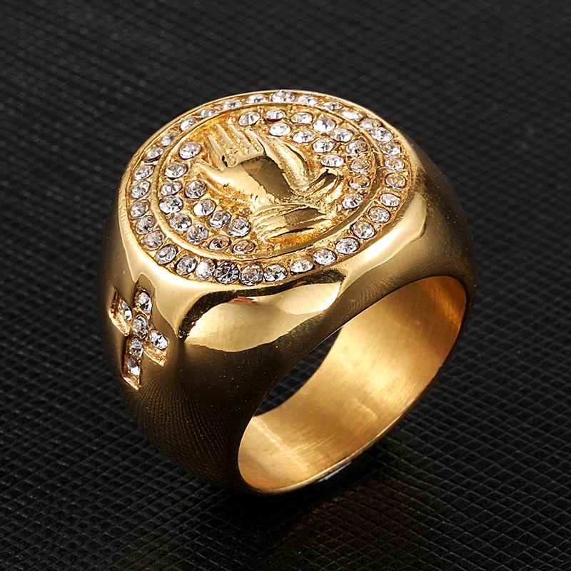 Bling Iced Out кристалл золотой цвет крест молитвенная рука титановое кольцо из нержавеющей стали для мужчин хип-хоп ювелирные изделия