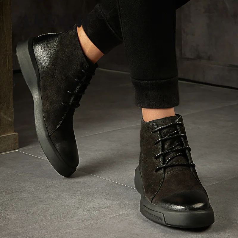 Ботинки мужские зимние из натуральной кожи теплые байкерские ботинки с плюшевой