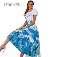 wayoflove spring summer short sleeve dress casual beach square collar long dresses elegant party blue flower print white dresses