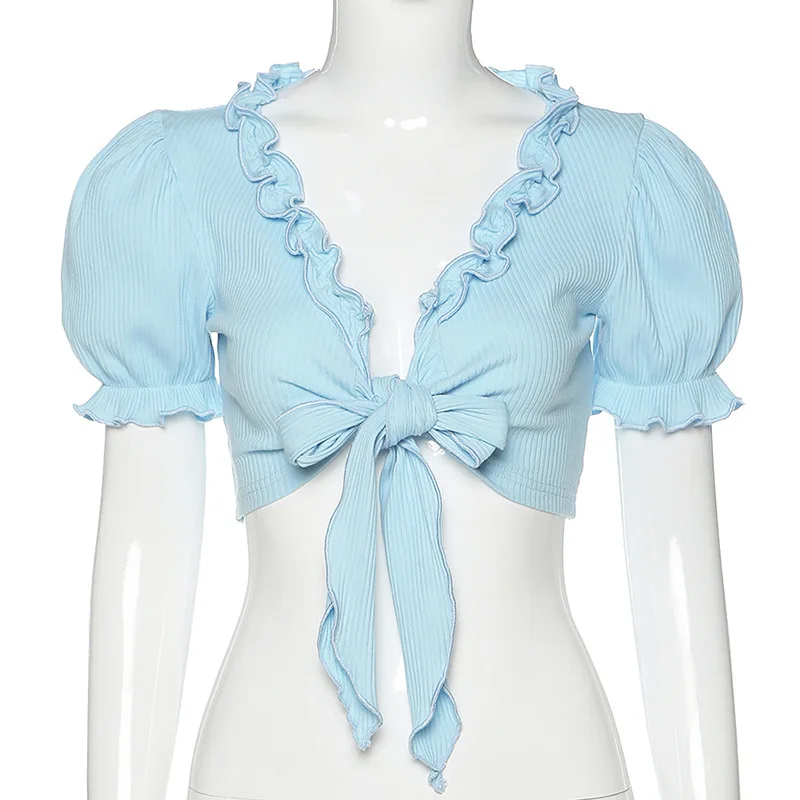 

Sexy Women Cardigan Summer Slim T-shirt Short Sleeve Ruffle T-shirt Clubwear Frilly Beach Style Solid Color Blue Tops 2021 New