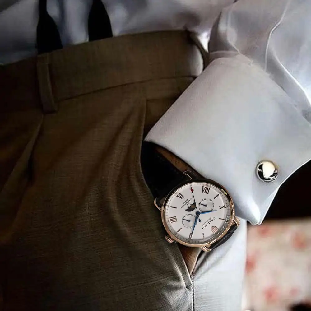 Мужские наручные часы кварцевые с кожаным ремешком и лунной фазой календарь
