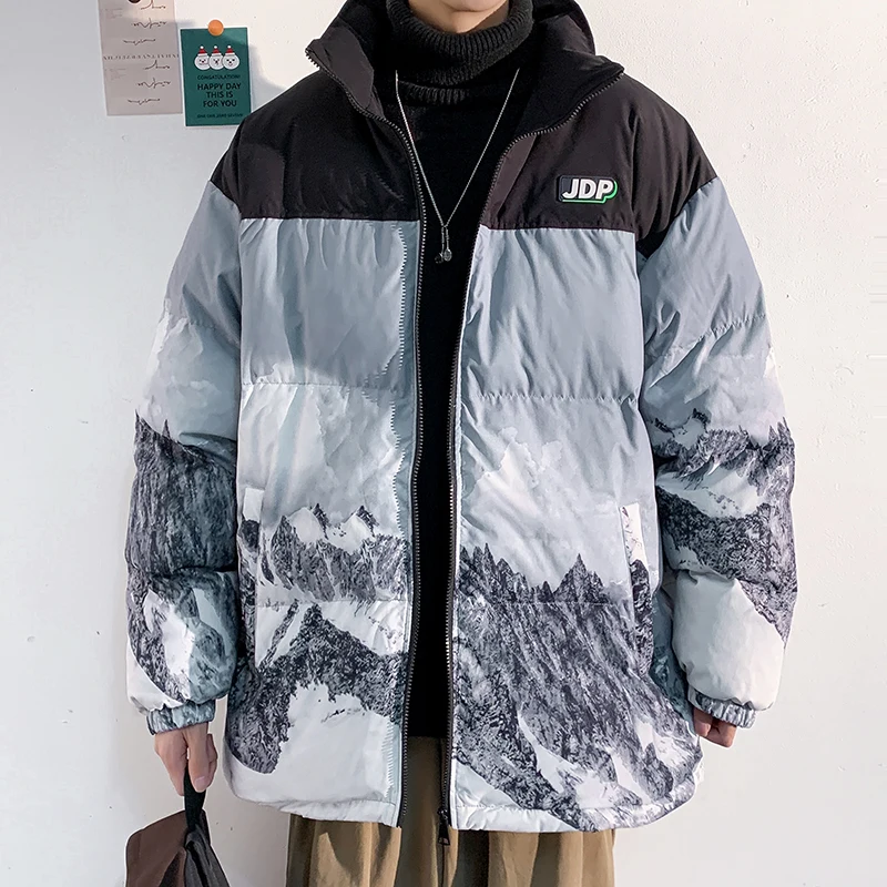 

LIFENWENNA Winter Jacket Men Parkas Thicken Warm Coat Mens Streetwear Jackets Fashion Snow Mountain Print Couple Parka Coat 5XL