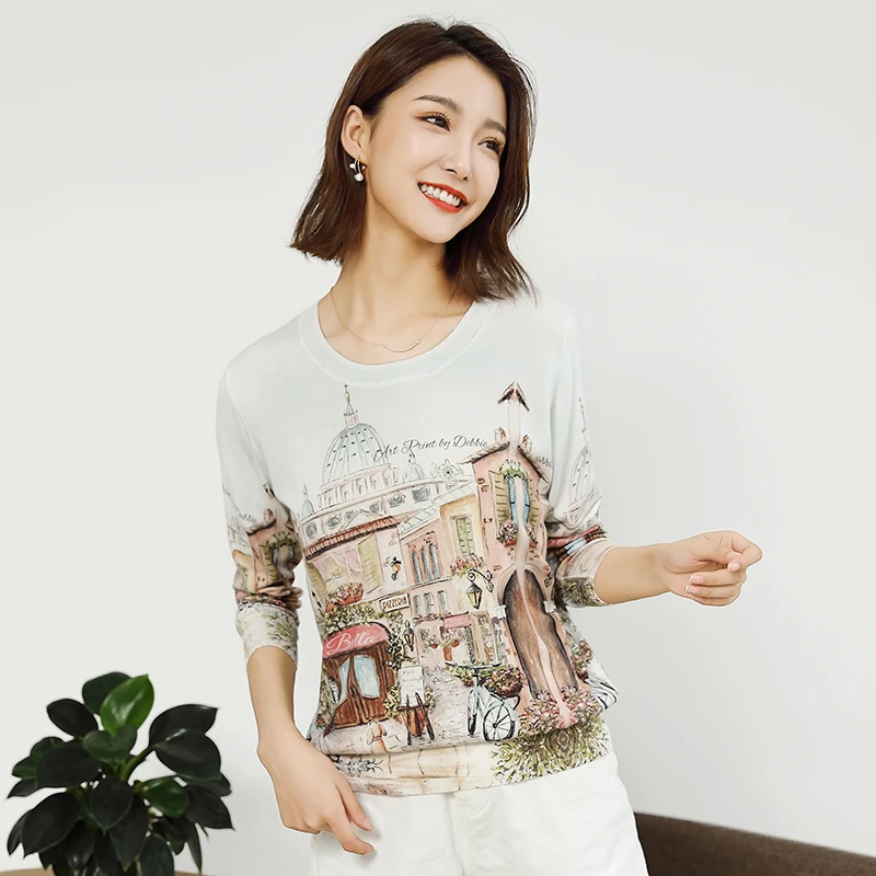 

Women's Round Neck Long Sleeve Loose Buliding Printing Jumper Casual Fashion Spring Autumn Pullovers Women Sweaters