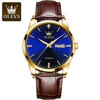 olevs mens watches luxury leather mechanical watch classic business men automatic watch waterproof clock man relogio masculino