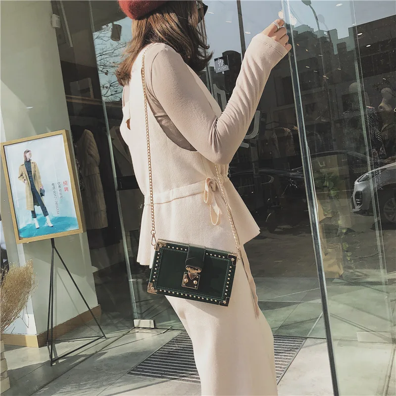 Fashion Vintage Rivet Designer Bag Box Style Buckle PU Women Clutch Bag Chain Purse Shoulder Bag Crossbody Small Flap Handbag