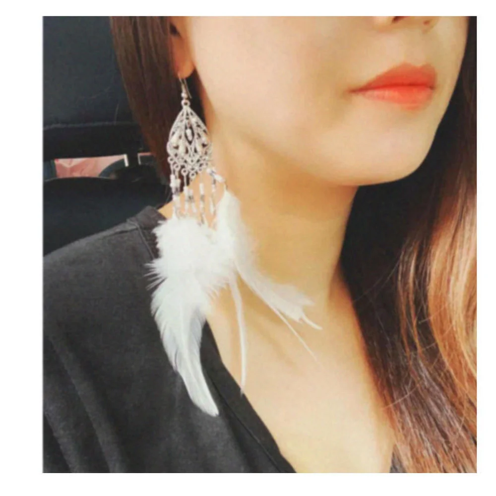 

BOHO Long vintage silver color Feather Earrings for Women Indian Drop-shaped Rhinestone Chain Tassel Earrings Wedding Jewelry