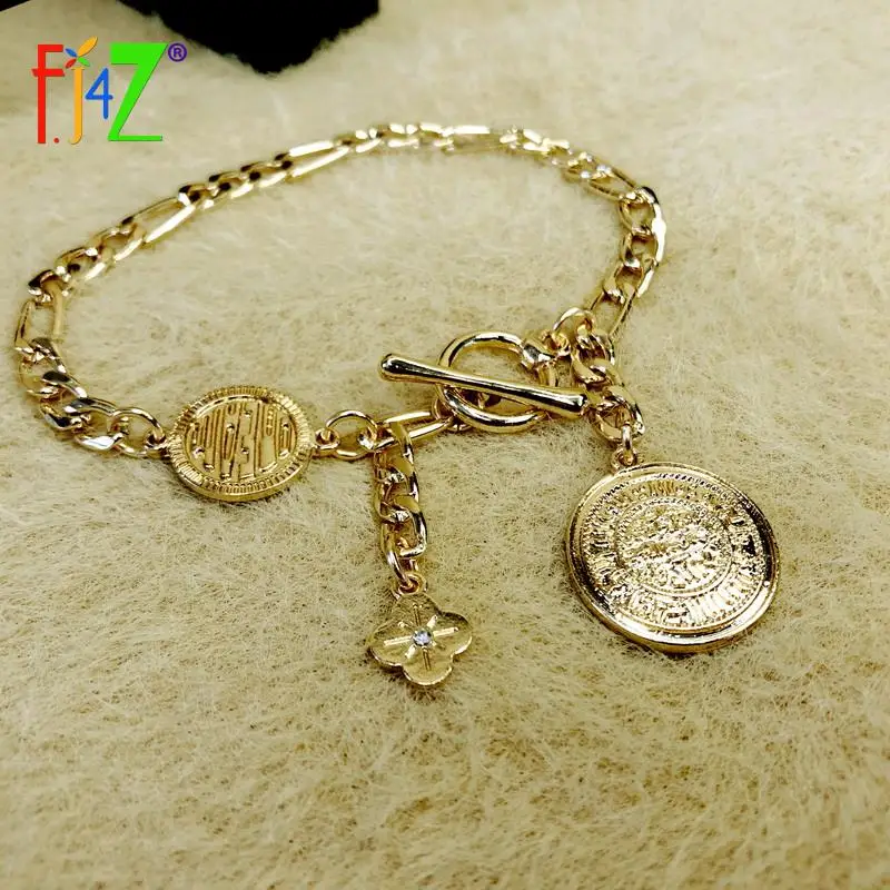 

F.J4Z Women's Charms Bracelets for Women 2021 Vintage Golden Metal Coins Toggle Bangle Jewelry Gifts pulseiras feminina