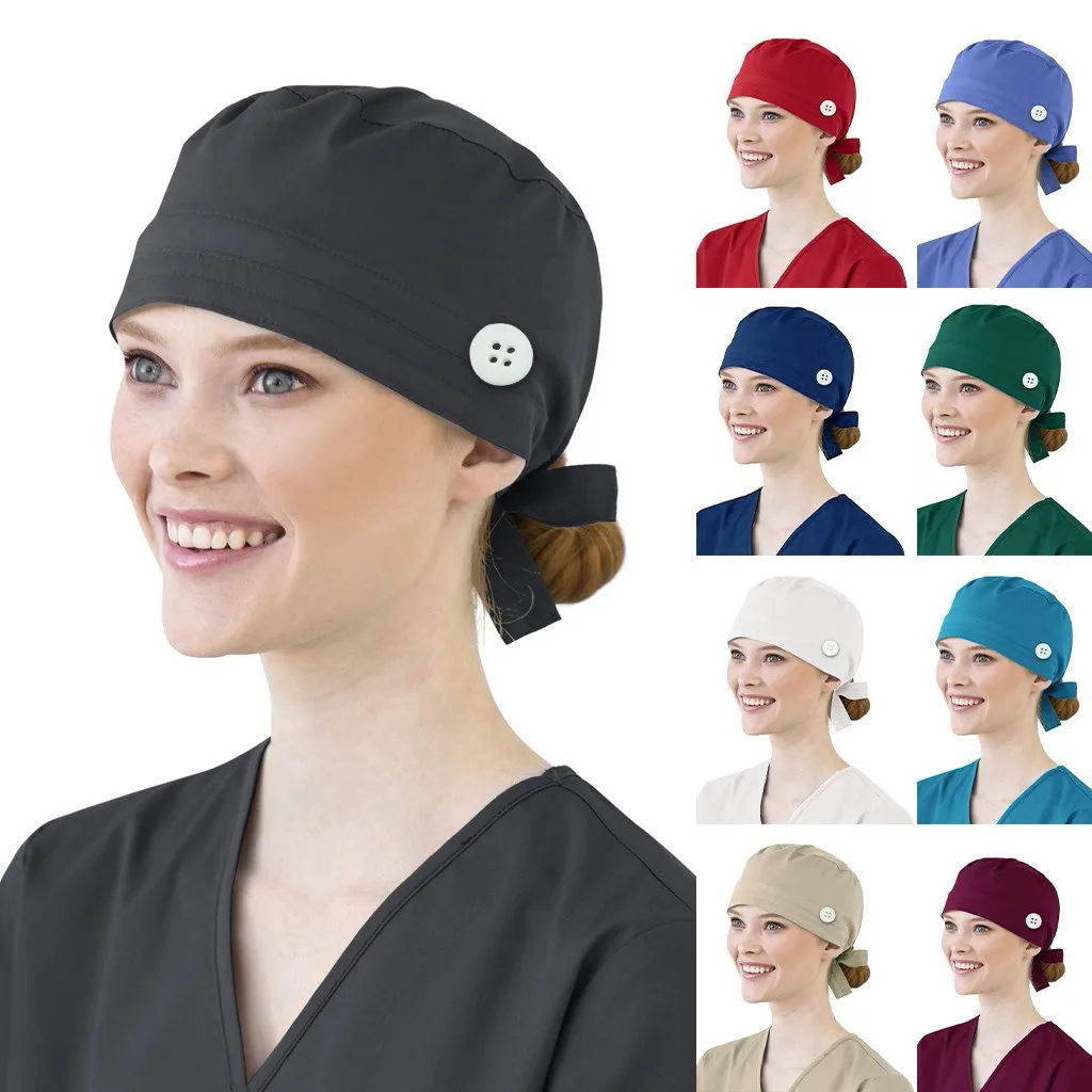 

Unisex Scrub Caps with Buttons Elastic Bouffant Cap Solid Nurse cap Cleaning Room Hair Cover Beauty Salon Working Cap A50