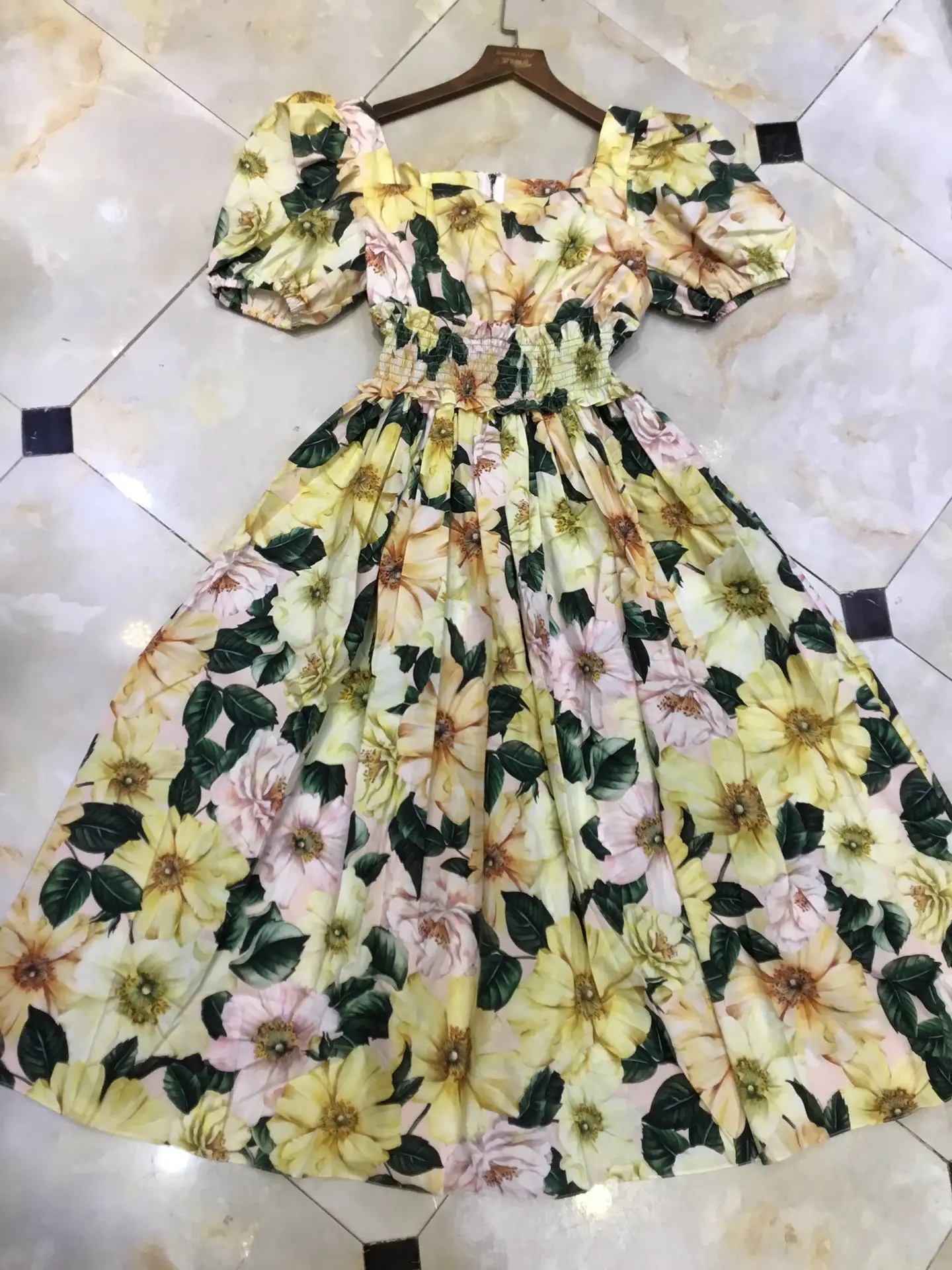 

Женское хлопковое платье с коротким рукавом, дизайнерское подиумное платье из 2021 хлопка с квадратным вырезом и цветочным принтом, лето 100%