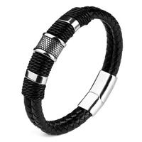 punk stainless steel genuine leather bracelet double layers magnetic clasp charm fashion for male accessories jewelry