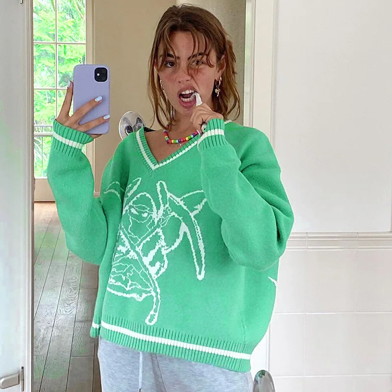 

Winter green V-neck printed embroidery slim stitching woolen knitted pullover women sweater women