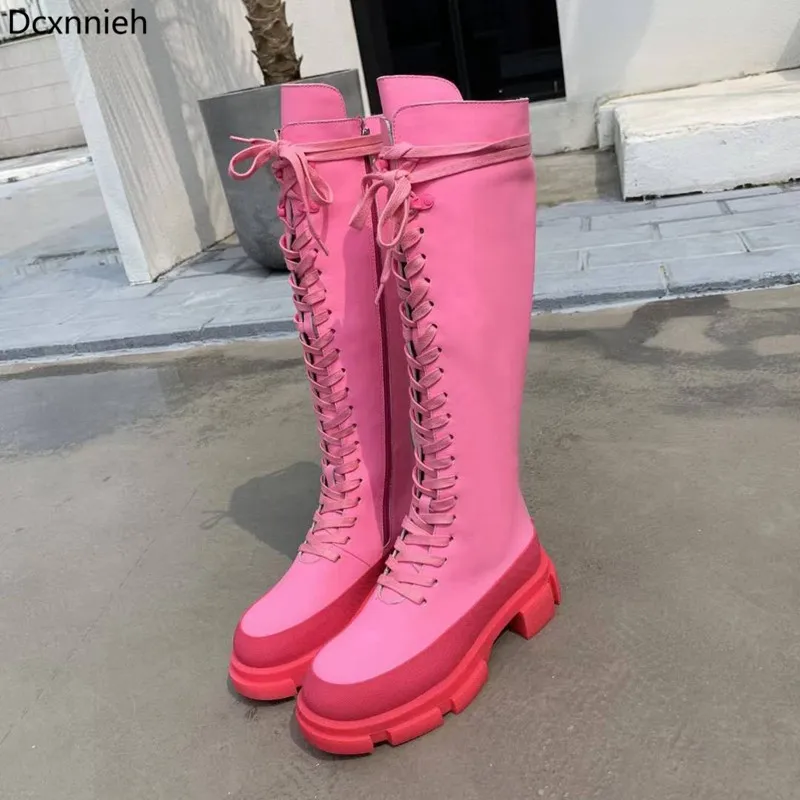 

thick sole knee high boots women genuine leather round toe cross tied martin boots Platform shoes Runway knight long boots pink