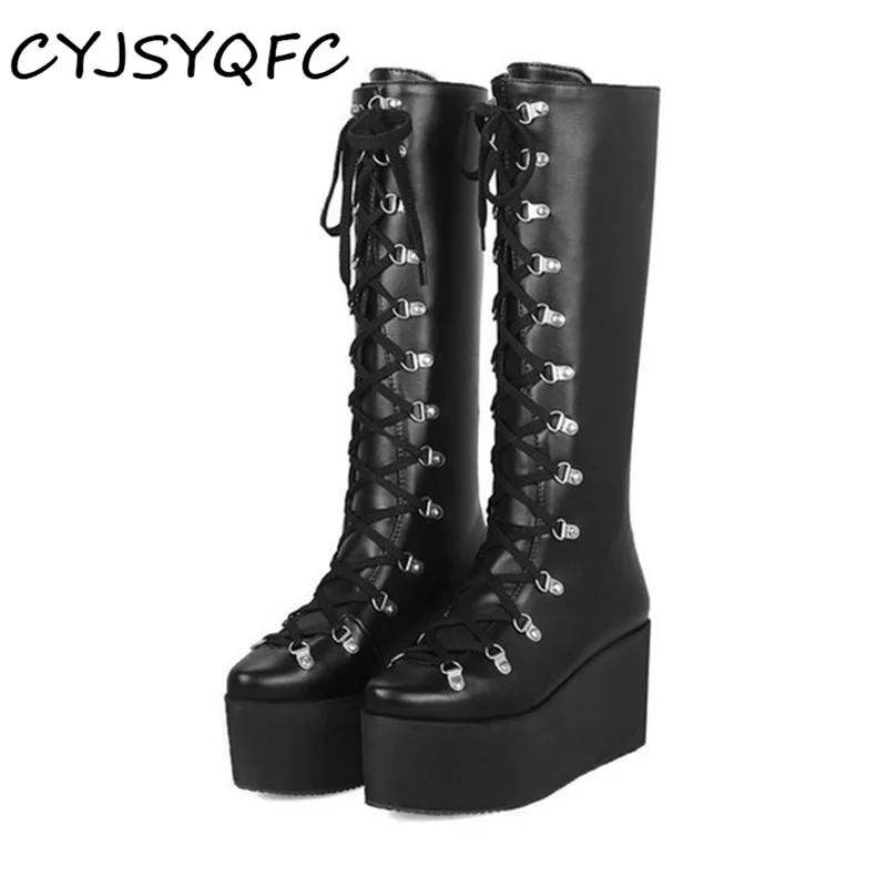 CYJSYQFC Autumn Winter Women Knee High Boots Cross Lace Up Thick Bottom Wedges Platform Motorcycle Boots Black Plus Size 33-46