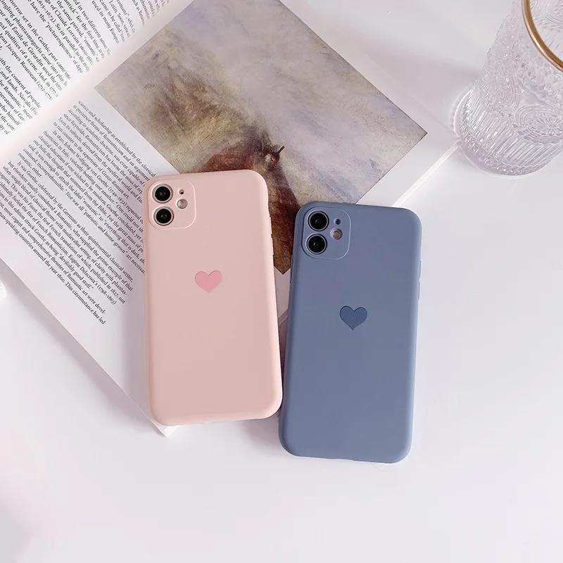 Korean Solid Candy Color Love Heart Phone Case For iPhone 12 Mini 11 Pro Max XR XsMax 13 7 8Puls Cases Soft Silicone Cover Funda