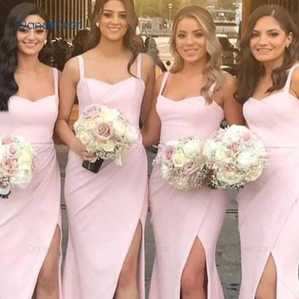 

Elegant Pink Bridesmaid Dresses 2021 For Wedding Party Straps Side Split Wedding Guest Dresses For Women Pleated Satin Vestidos