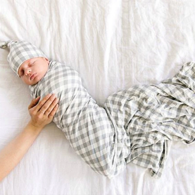 

2Pcs Newborn Plaid Baby Receiving Blanket+Hat Set Infant Sleepwear Bedding Bath Towel Sleeping Swaddle Muslin Wrap Cap Kit