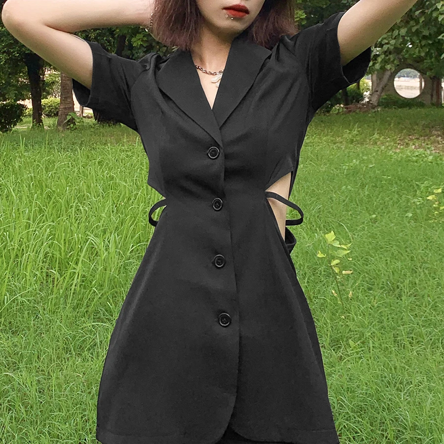 

Sylcue 2021 Summer Women sexy deep V-neck Single-breasted waist Hollow Out Sexy Party black Mini wild dress Slim Comfortable