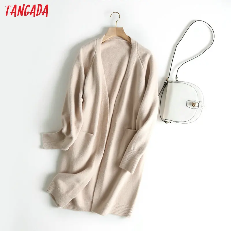 Tangada женский однотонный длинный кардиган вязаный крючком свитер в Корейском стиле Топ с длинным рукавом Женский вязаный кардиган пальто BC19