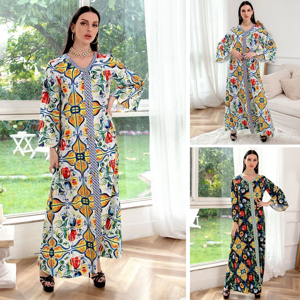 

New Dubai Kaftan Women's Long Dress Ethnic Printed Jalabiya Muslim V-neck Abayas Arab Islamic Jilbab Turkish Ramadan Eid Mubarak