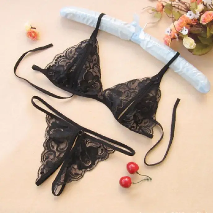 

Sexy Open Crotch Hanging Neck Three-point Bra Panty Suit Large Size Bow Lace Hollow Temptation Sling Adjustable Sexy Lingerie