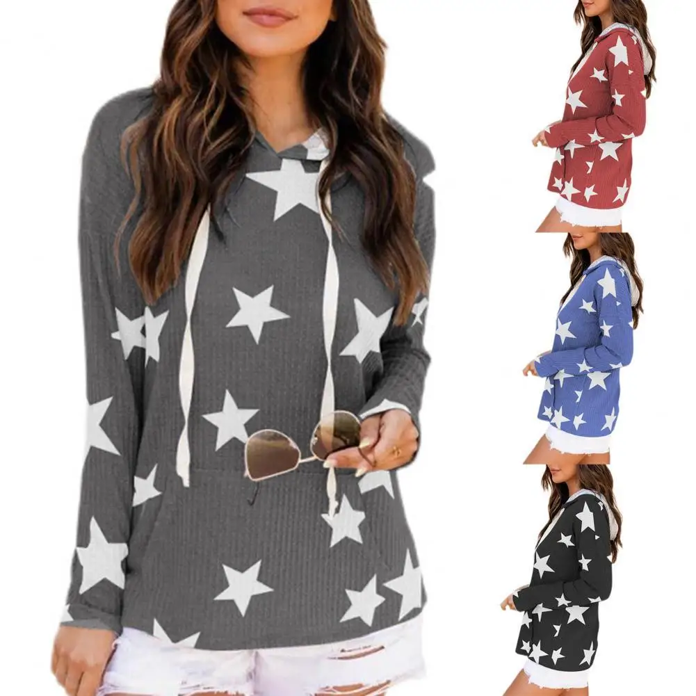 

Autumn Winter Sporty Five-Pointed Star Print Large Pocket Hoodie Women Sweatshirt Printed Streetwear