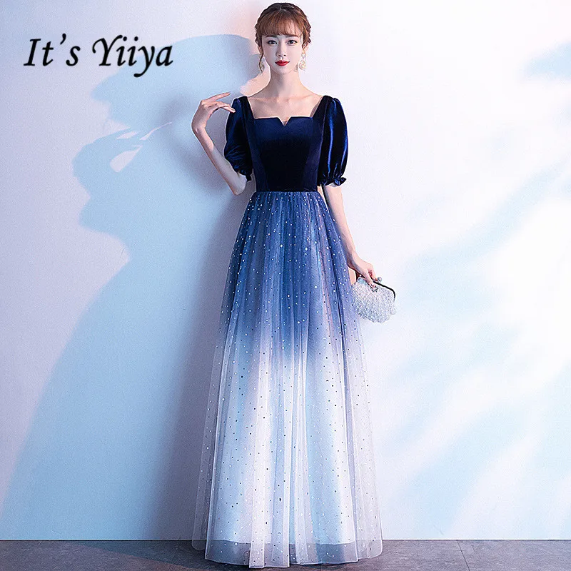

Evening Dresses It's Yiiya AR313 Gradient Navy Blue Shining Evening Dress Long Square Collar Sparkling Sequin Robe De Soiree