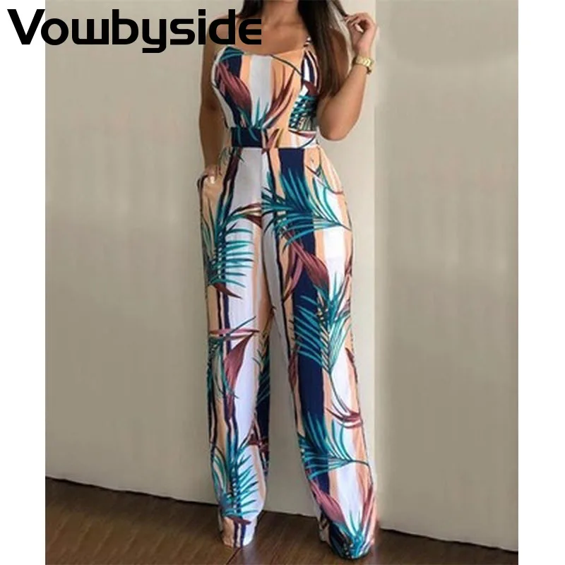 

Women's Casual Fashion Stripe Printed Spaghetti Strap Wide Leg Pants Jumpsuit Romper Playsuit