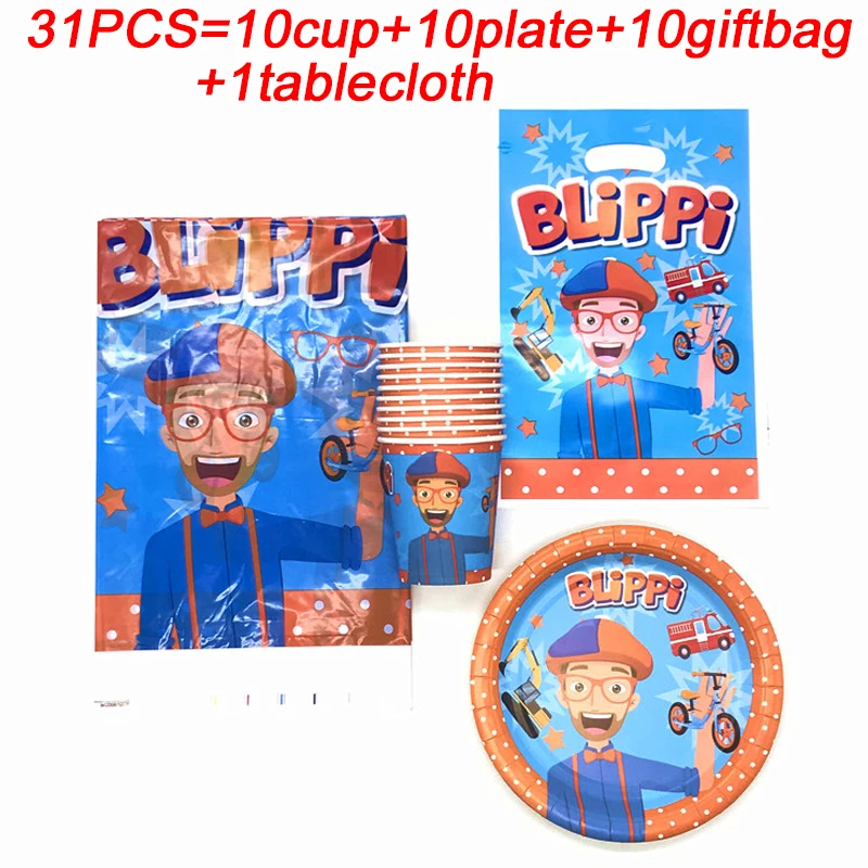 

31PCS/LOT Kids Favors Blippi Theme Disposable Tableware Cup Plate Straws Kids Birthday Party Decoration Tablecloth Supplies Sets
