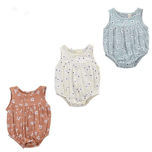 Боди детское хлопково льняное без рукавов с цветочным принтом на возраст 0 18