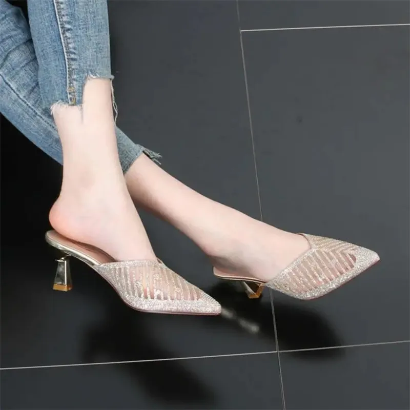 

Black Sexy Mesh Rhinestone Comfort Women Slippers 2021Summer Fashion Slip On High Heels Slides British Style Pointed Sandals