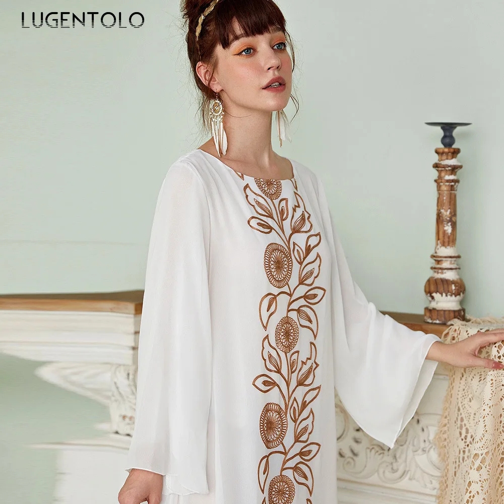 Женское платье с вышивкой Lugentolo белое шифоновое высокой плотностью модное