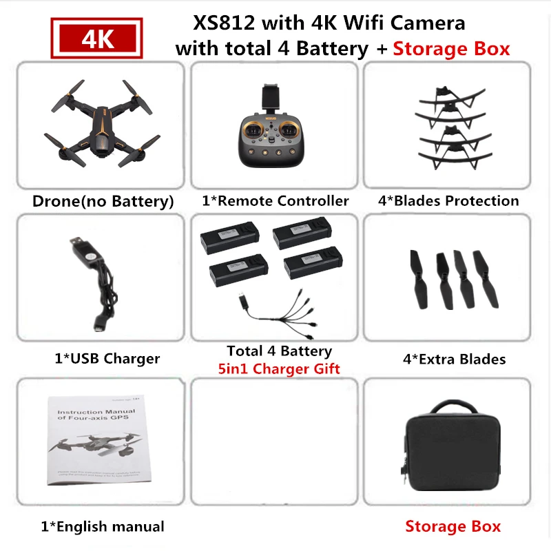 4K 4B Carry Bag VISUO XS812 Радиоуправляемый Дрон с GPS 4K Квадрокоптер с Wi-Fi FPV камера Вертолет 5G следим за мной складной Квадрокоптер VS F11 SG906 B4W E520S - Цвет: 4K 4B Carry Bag