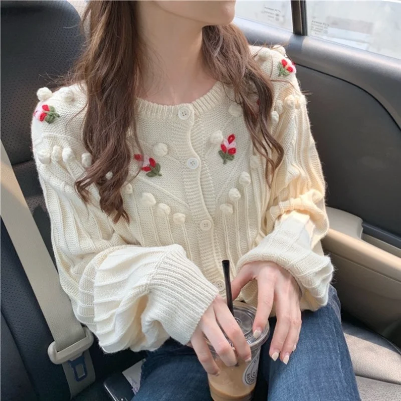 

Preppy Style Autumn Loose Cardigans Sweet Knitted Clothes Women Sweaters Fashion Brand Floral O-neck Ladies Tops Moda Feminina