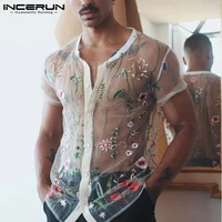 incerun fashion men mesh shirts embroidered short sleeve breathable sexy see through tops 2021 button party nightclub shirts 5xl