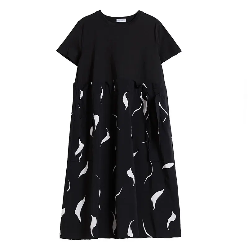 

NYFS 2020 New Summer dress Printing Women Long Dress Short sleeve Loose Fake two pieces Women Dress Vestidos Robe