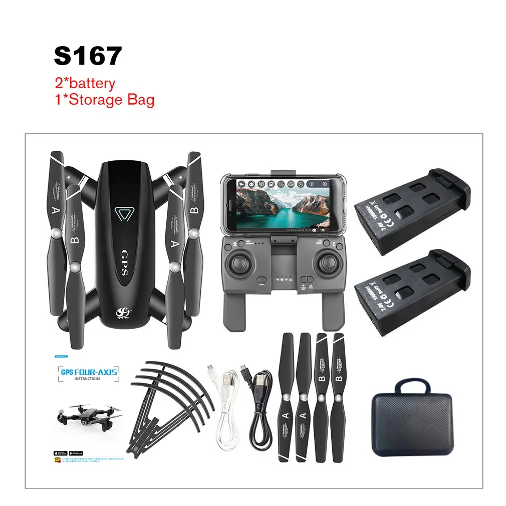 720P 2.4G 2BAT Bag S167 2,4G/5G WiFi FPV 1080P Дрон широкоугольная hd-камера Дрон gps позиционирование складной Радиоуправляемый Дрон Квадрокоптер RTF камера для дрона - Цвет: 720P 2.4G 2BAT Bag