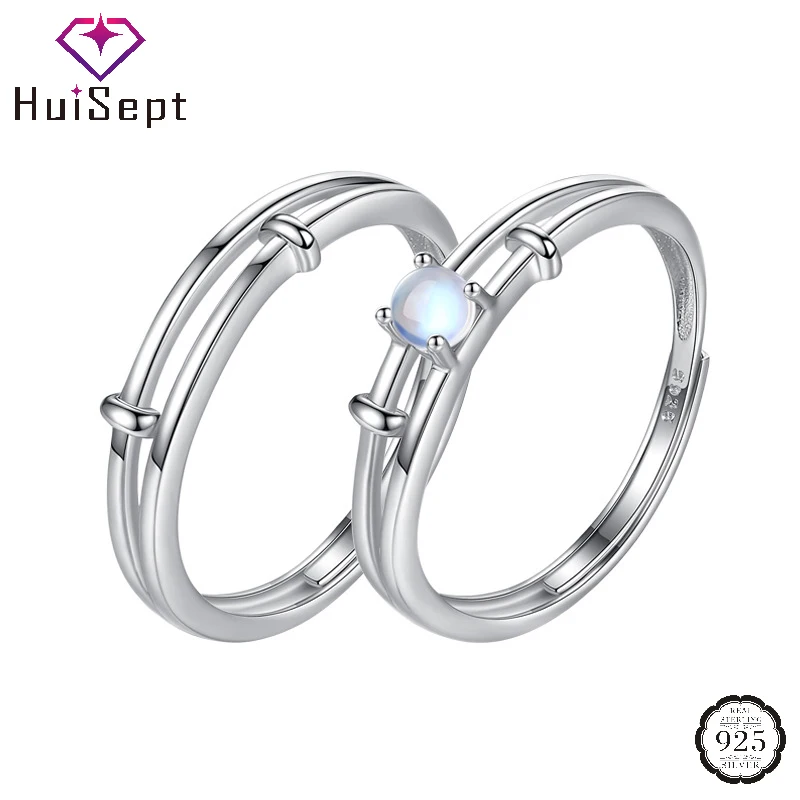 

HuiSept S925 Silver Jewelry Ring Set for Women Men Lover Wedding Party Promise Gift with Moonstone Open Finger Rings Ornaments
