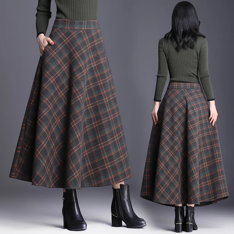 

Women's Skirt Basic Fashion All Match Plaid Vintage Skirts High Waist 2020 Autumn Winter New Woolen Blended Skirts A-line Skirt
